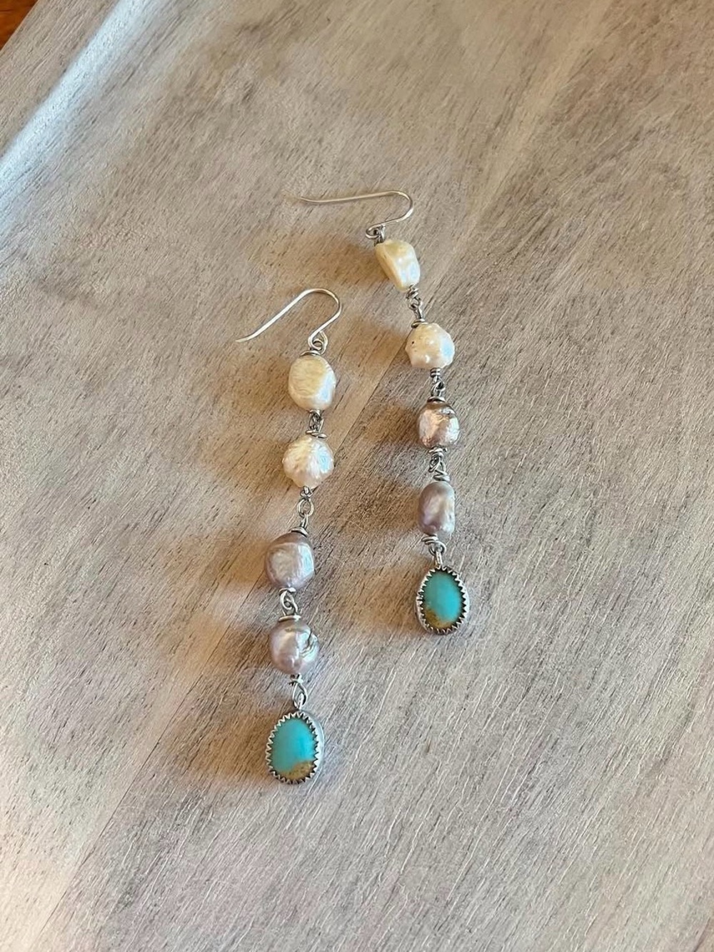 Gorgeous Sterling Silver Freshwater Pearl & Turquoise Drop Earrings